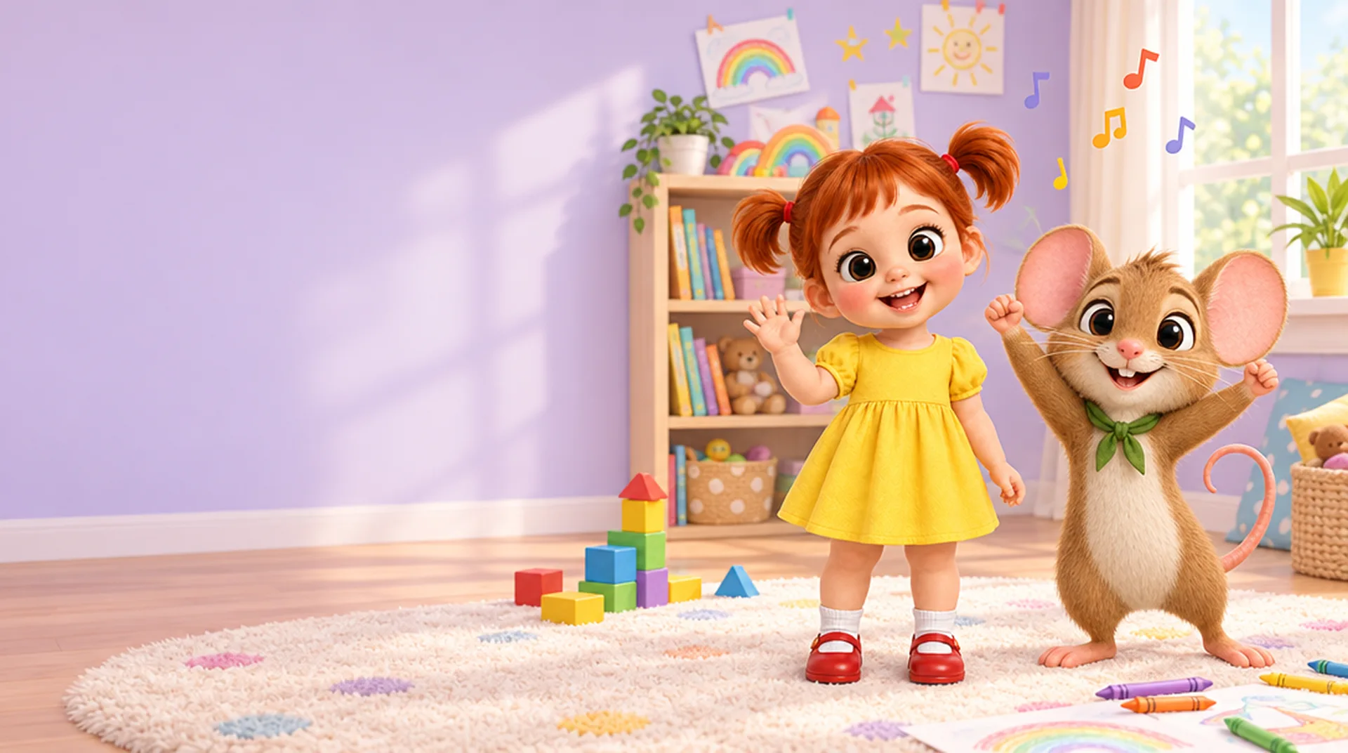 Ruby and her friend Mouse waving in a sunny playroom